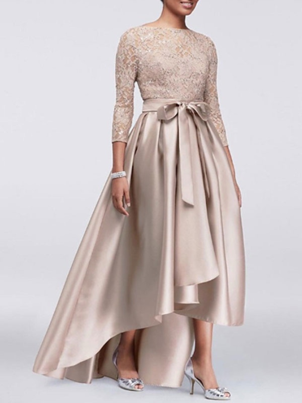 ALEX EVENINGS Lace Bodice Satin High-Low Dress in Champagne Blush